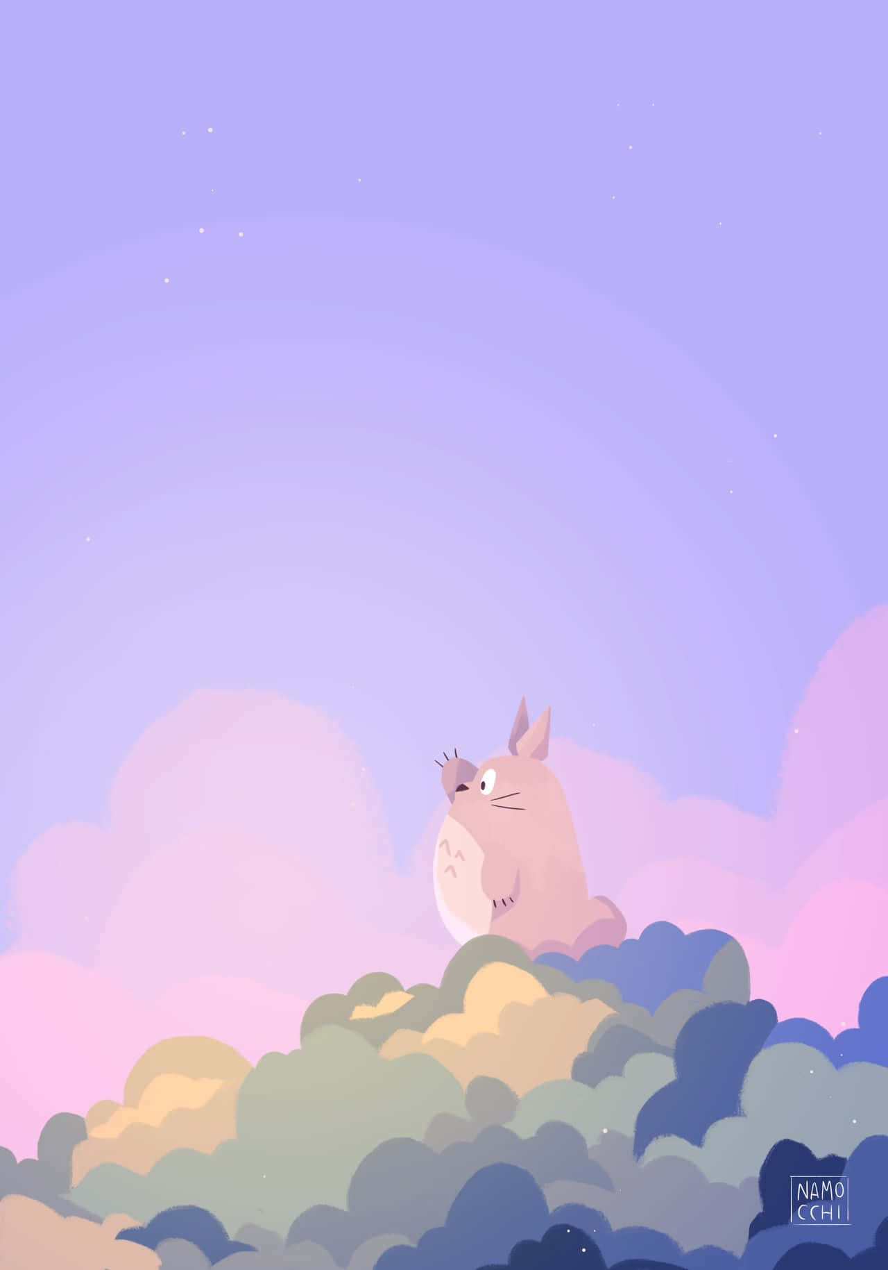 Totoro Aesthetic 桌布 壁紙 — 一隻粉紅色的龍貓坐在色彩繽紛的雲朵上，背景是點綴著星星的柔和紫色暮色天空。