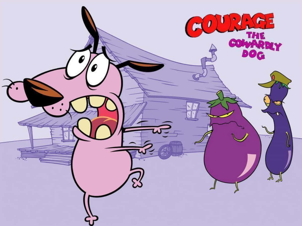 courage the cowardly dog 桌布 壁紙 — 一隻粉紅色膽小狗驚恐地尖叫，兩個威脅性的紫色茄子潛伏在他身後，靠近一所房子。
