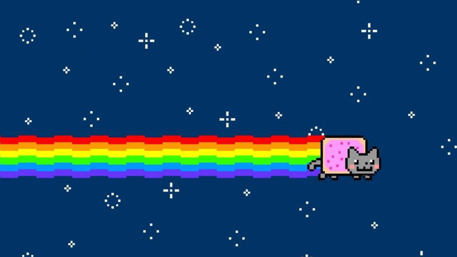 Nyan Cat 桌布 壁紙 — 一隻粉紅色身體的像素貓在繁星點點的夜空中留下充滿活力的彩虹痕跡。