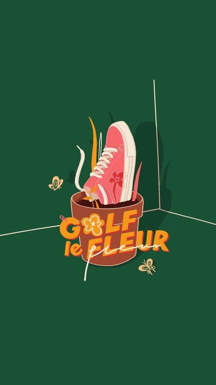 鞋子 桌布 壁紙 — 一隻粉紅色運動鞋從一個標有「GOLF le FLEUR」的棕色花盆中長出花朵，背景為深綠色。