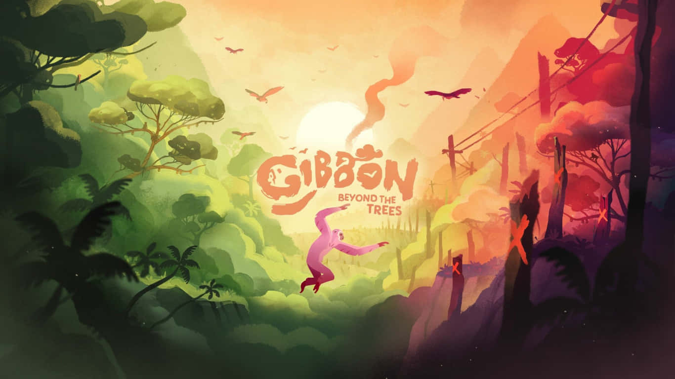 1366x768 Gibbon 桌布 壁紙 — 一隻粉紅長臂猿在日落時分穿過充滿活力的叢林，帶有溫暖的橙色和綠色色調，鳥兒在頭頂飛翔。