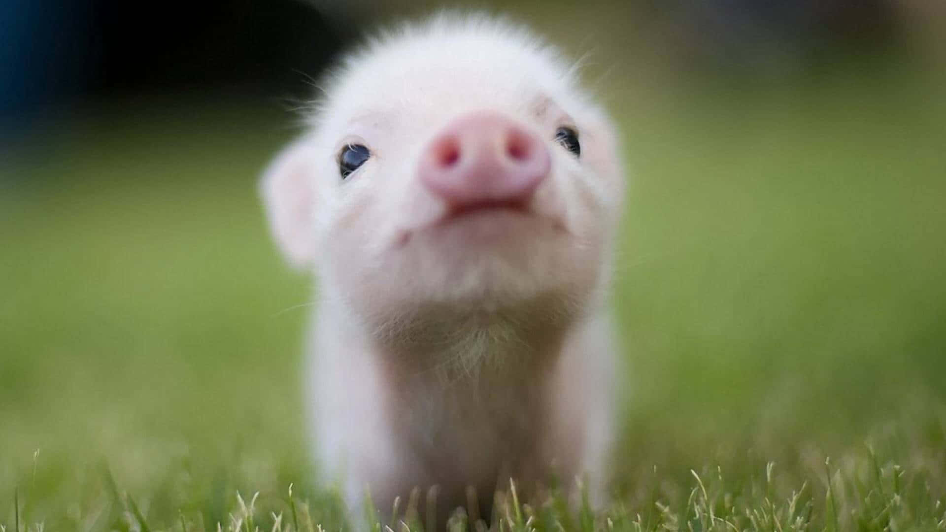 Pig 桌布 壁紙 — 一隻粉紅鼻的小白豬從茂盛的綠草中好奇地向上看。