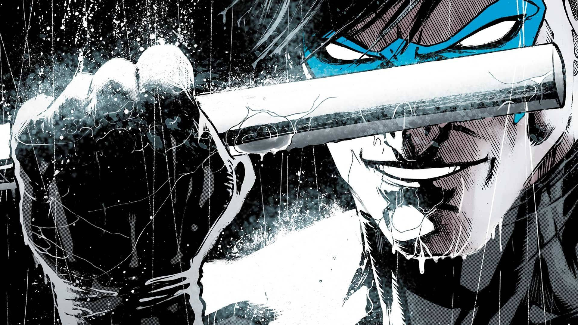 Nightwing 桌布 壁紙 — 一隻粗獷漫畫風格的忍者龜在雨濕的特寫中揮舞雙節棍，帶有醒目的黑白墨水飛濺。