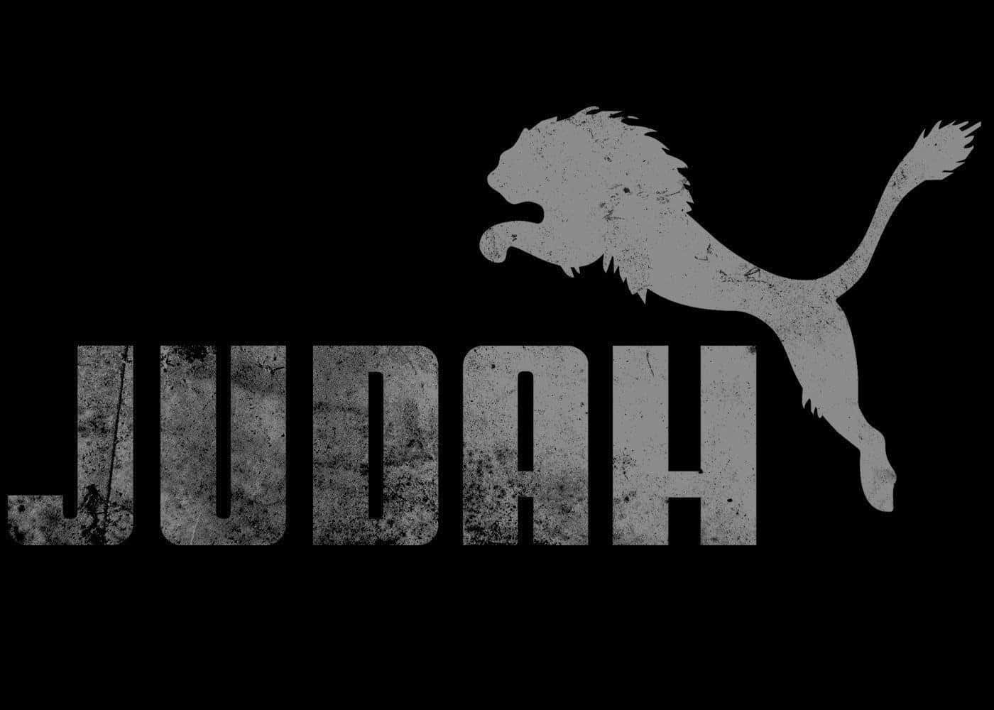 Lion Of Judah 桌布 壁紙 — 一隻粗獷的灰色獅子跳躍在黑色背景上磨損的粗體字「JUDAH」之上。