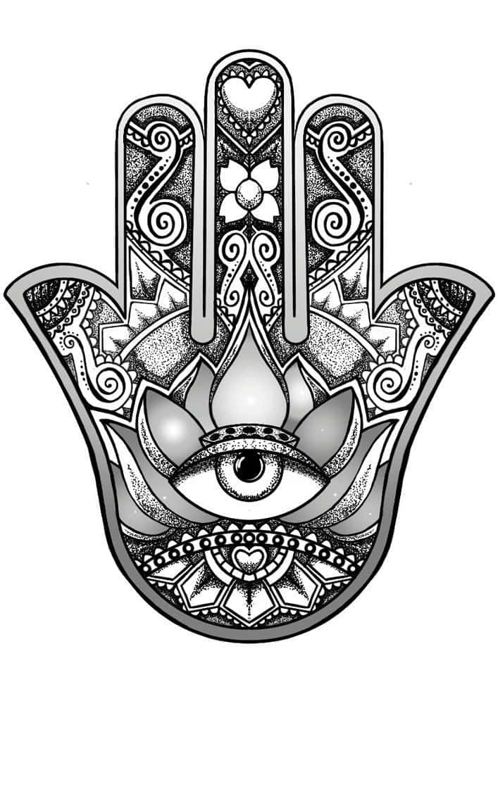 Evil Eye 桌布 壁紙 — 一隻精細複雜的黑白漢姆薩手，中央有全視之眼，周圍環繞著華麗圖案。