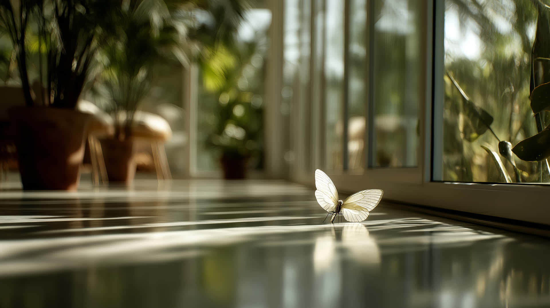 White Butterfly on Sunny Floor with Window Light 壁紙 — 一隻精緻的白色蝴蝶停在陽光照射的玻璃地板上，靠近窗外模糊的綠色植物。