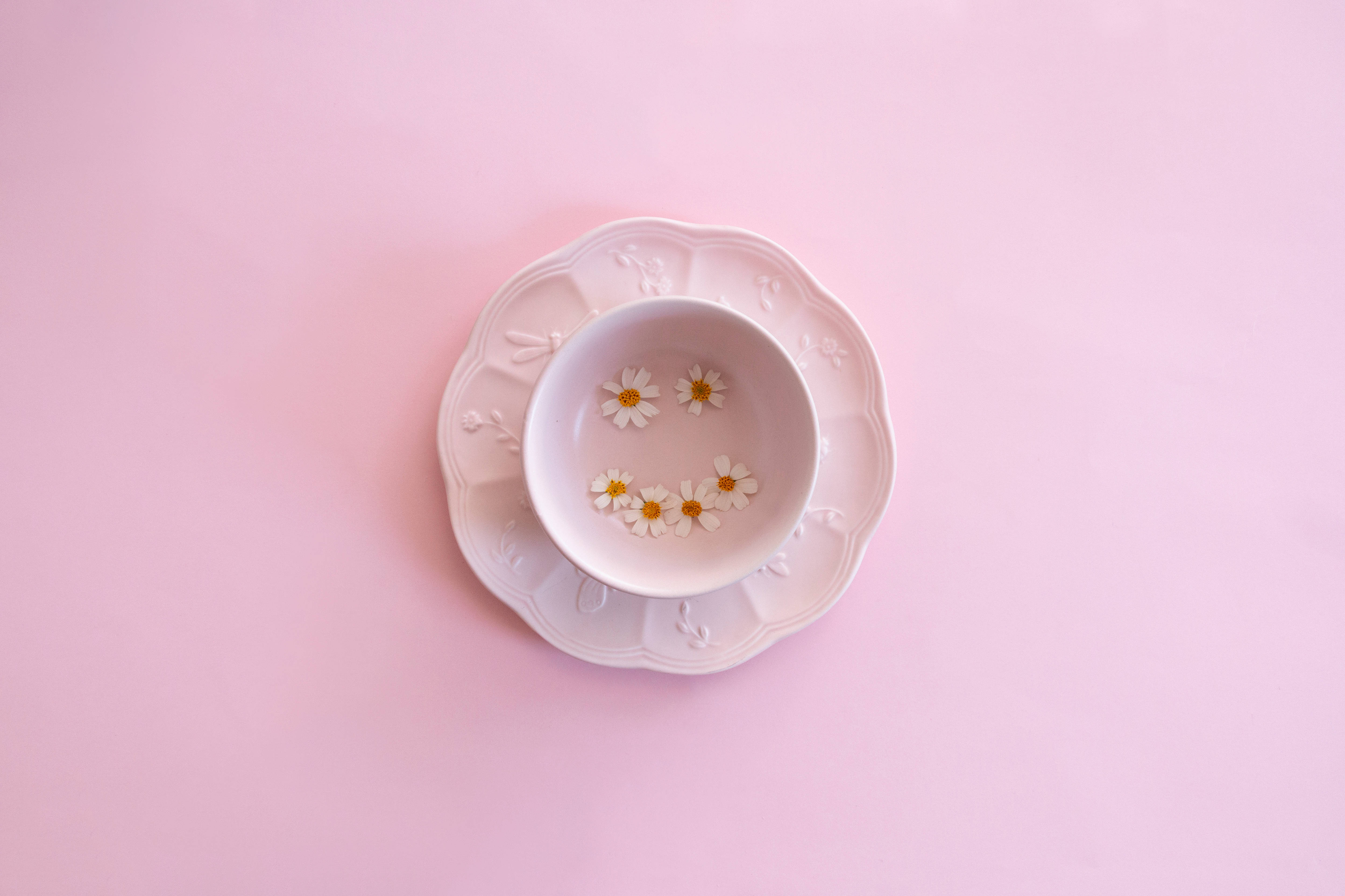 girly pink aesthetic 桌布 壁紙 — 一隻精緻的白色陶瓷杯和碟，飾有小雛菊，放在柔和的粉紅色背景上。