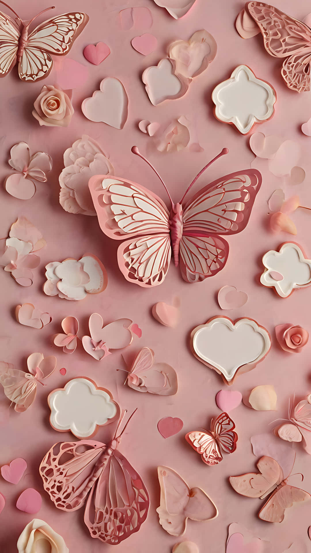 Butterfly Hearts for Valentine's Day smartphone wallpaper 壁紙 — 一隻精緻的粉紅色紙藝蝴蝶在柔和的粉紅色背景上，散落的心形和玫瑰之間休息。