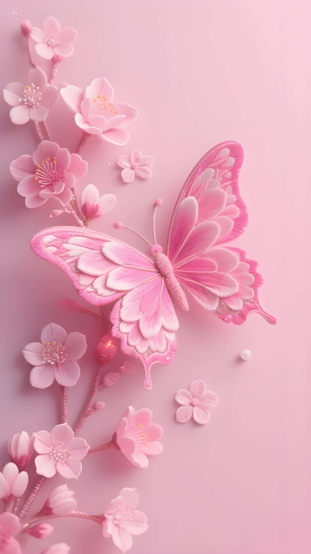 Pink Butterfly & Cherry Blossom: 3D Romantic Floral Wallpaper 壁紙 — 一隻精緻的粉紅色蝴蝶，帶有層疊的翅膀，在柔和的粉紅色櫻花中，停在粉彩粉紅色的背景上。