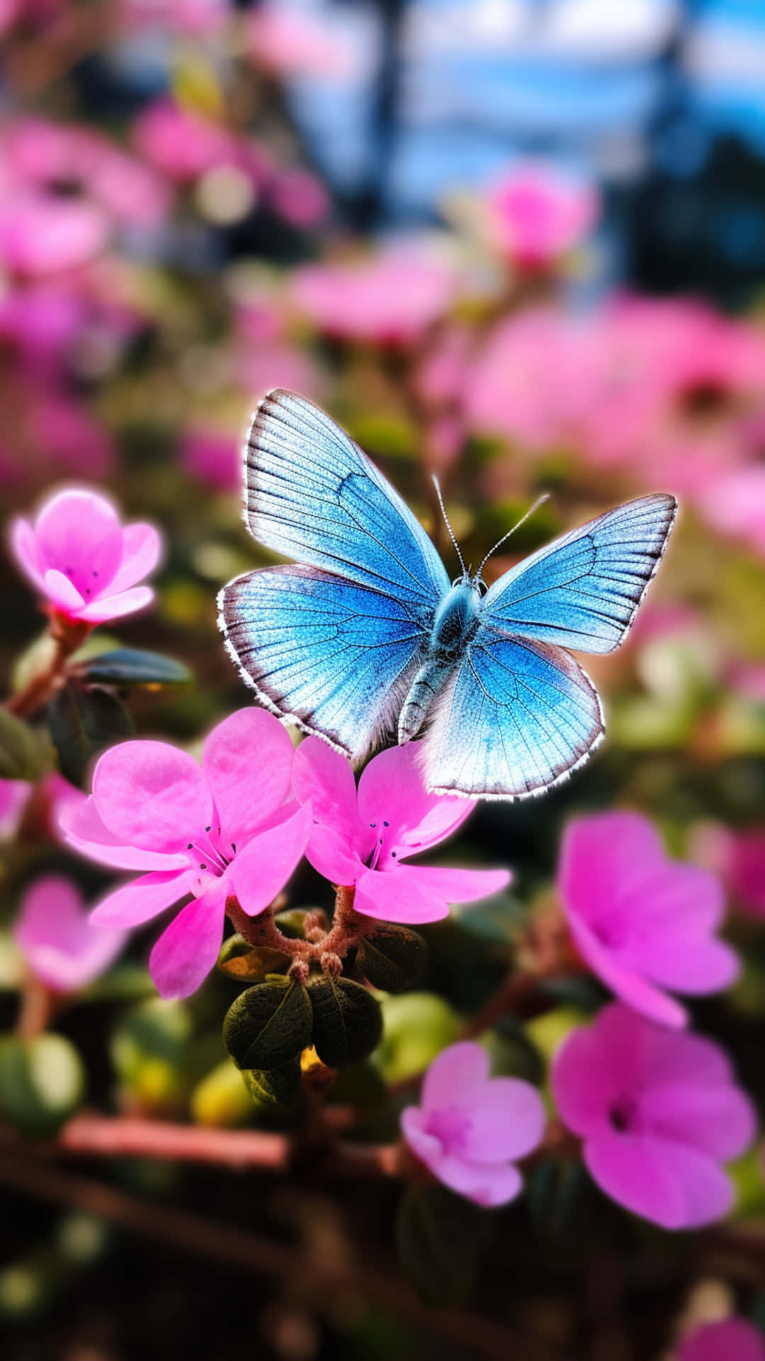 butterfly on a flowers 壁紙 — 一隻精緻的藍色蝴蝶，翅膀帶有銀色邊緣，棲息在鮮豔的粉紅色花朵上，背景是柔和模糊的花園。