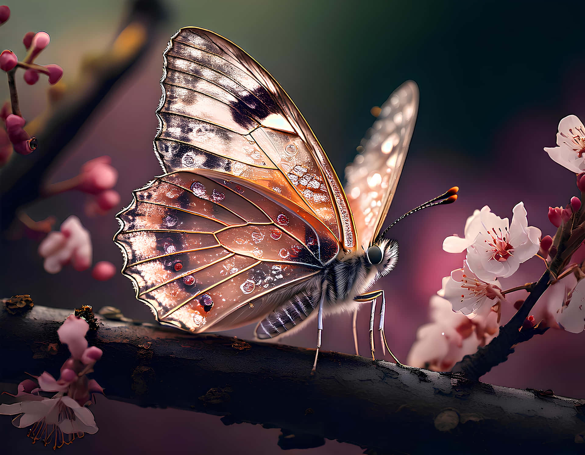 Butterfly 壁紙 — 一隻精緻的蝴蝶，帶有彩虹色的翅膀，棲息在深色樹枝上，周圍是柔和的粉紅色櫻花。