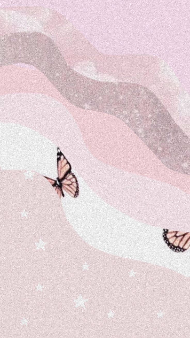 cute and pink 桌布 壁紙 — 一隻精緻的蝴蝶在柔和的粉紅色和白色波浪層中滑翔，點綴著小星星和閃爍的裝飾。