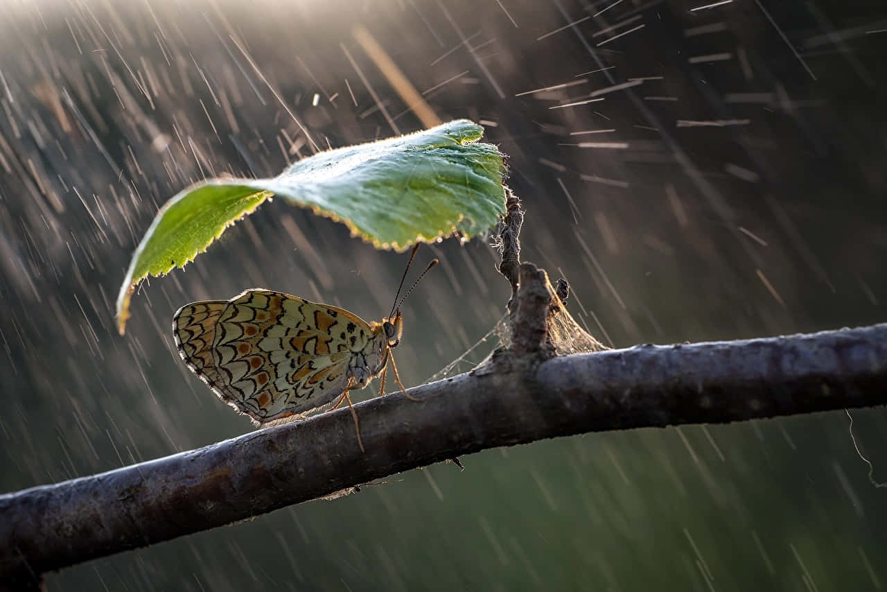 下雨 桌布 壁紙 — 一隻精緻的蝴蝶在葉子下躲避，雨水在金色逆光中劃過。