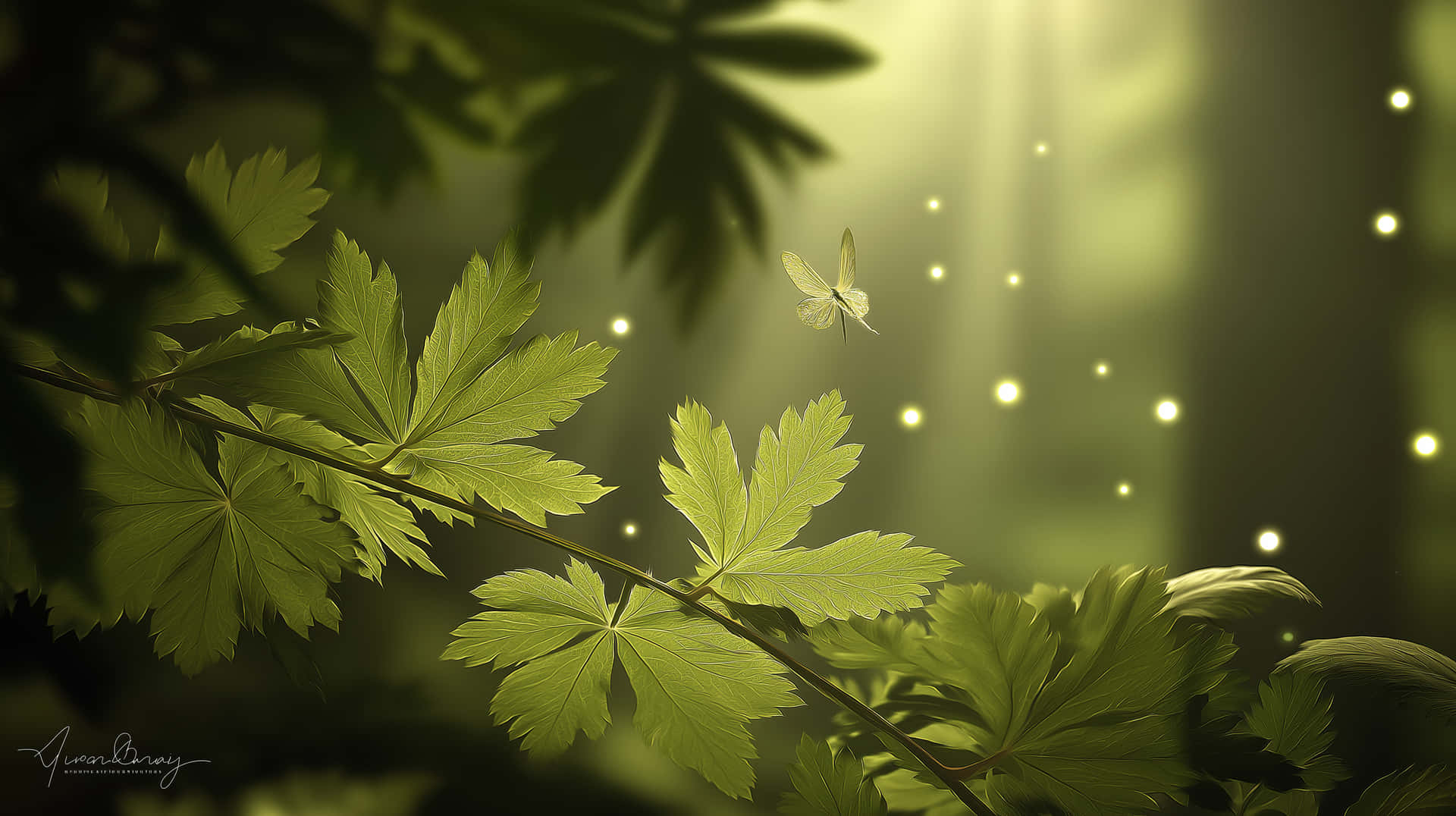 Enchanted Forest with Glowing Leaves and Butterfly 壁紙 — 一隻精緻的蝴蝶在透過鮮綠色森林樹葉過濾的斑駁陽光中滑翔。