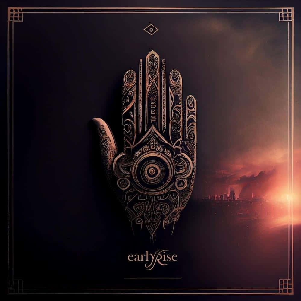 Hamsa 桌布 壁紙 — 一隻精緻細膩的金色漢莎手，帶有神聖符號，在黑暗的天空中發光，熾熱的日出照亮了遙遠的城市景觀。