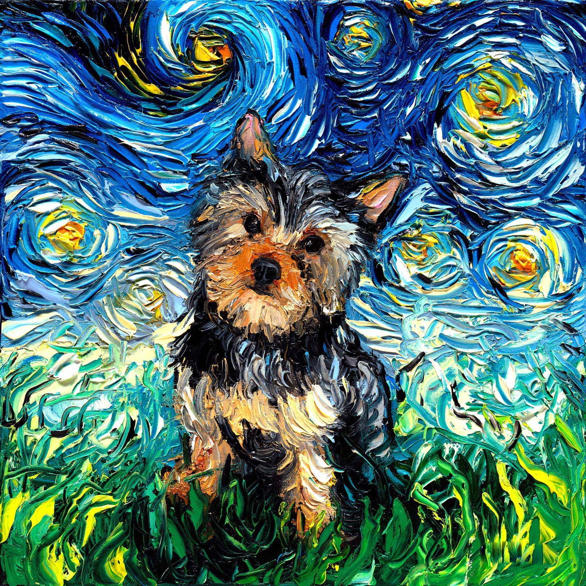 yorkie 桌布 壁紙 — 一隻約克夏㹴坐在充滿活力的綠色草地上，上方是旋轉的藍黃色星空，以厚塗筆觸繪製。