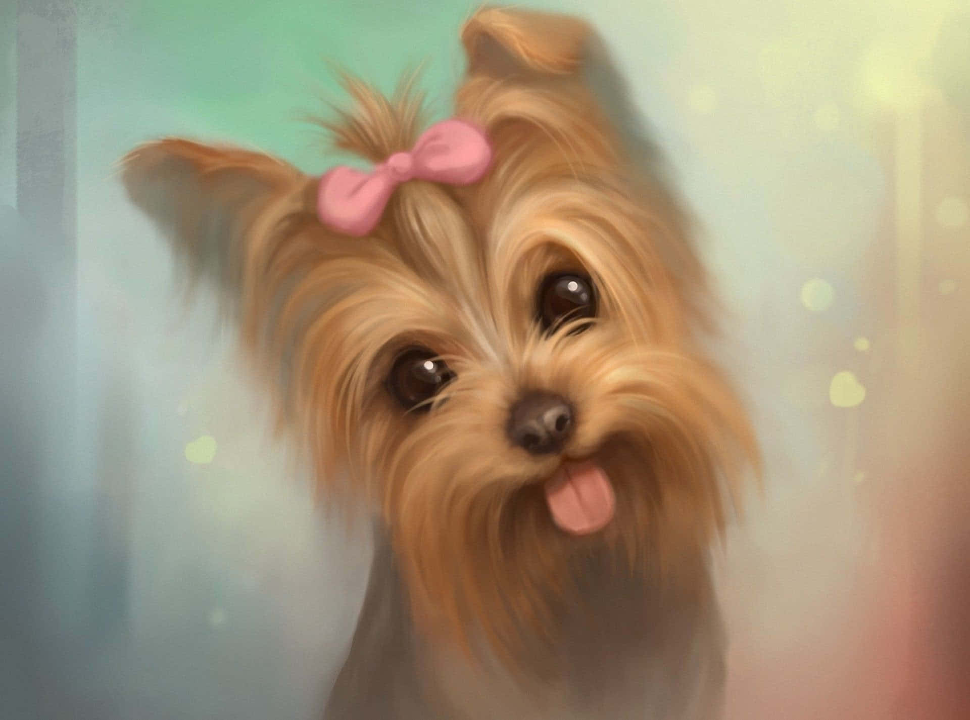 一隻約克夏犬戴著粉色蝴蝶結的畫作 壁紙