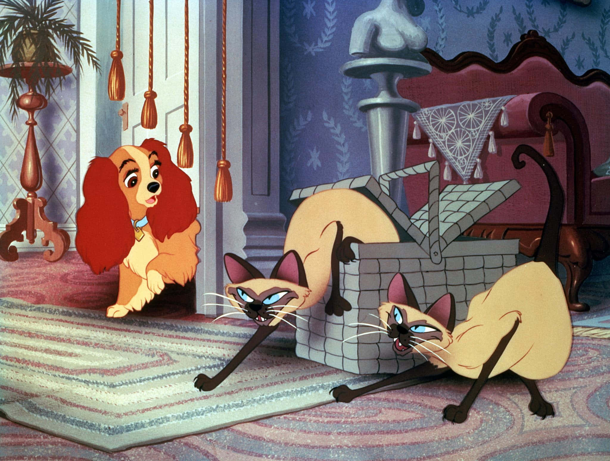 lady and the tramp 桌布 壁紙 — 一隻紅毛狗小心翼翼地走進一個豪華房間，兩隻暹羅貓從石花盆後面威脅地瞪著牠。