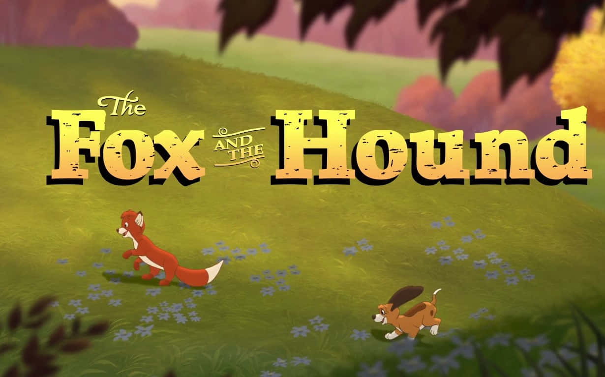 the fox and the hound 桌布 壁紙 — 一隻紅狐和一隻棕色獵犬在色彩繽紛的天空下，跑過點綴著藍色花朵的草地。