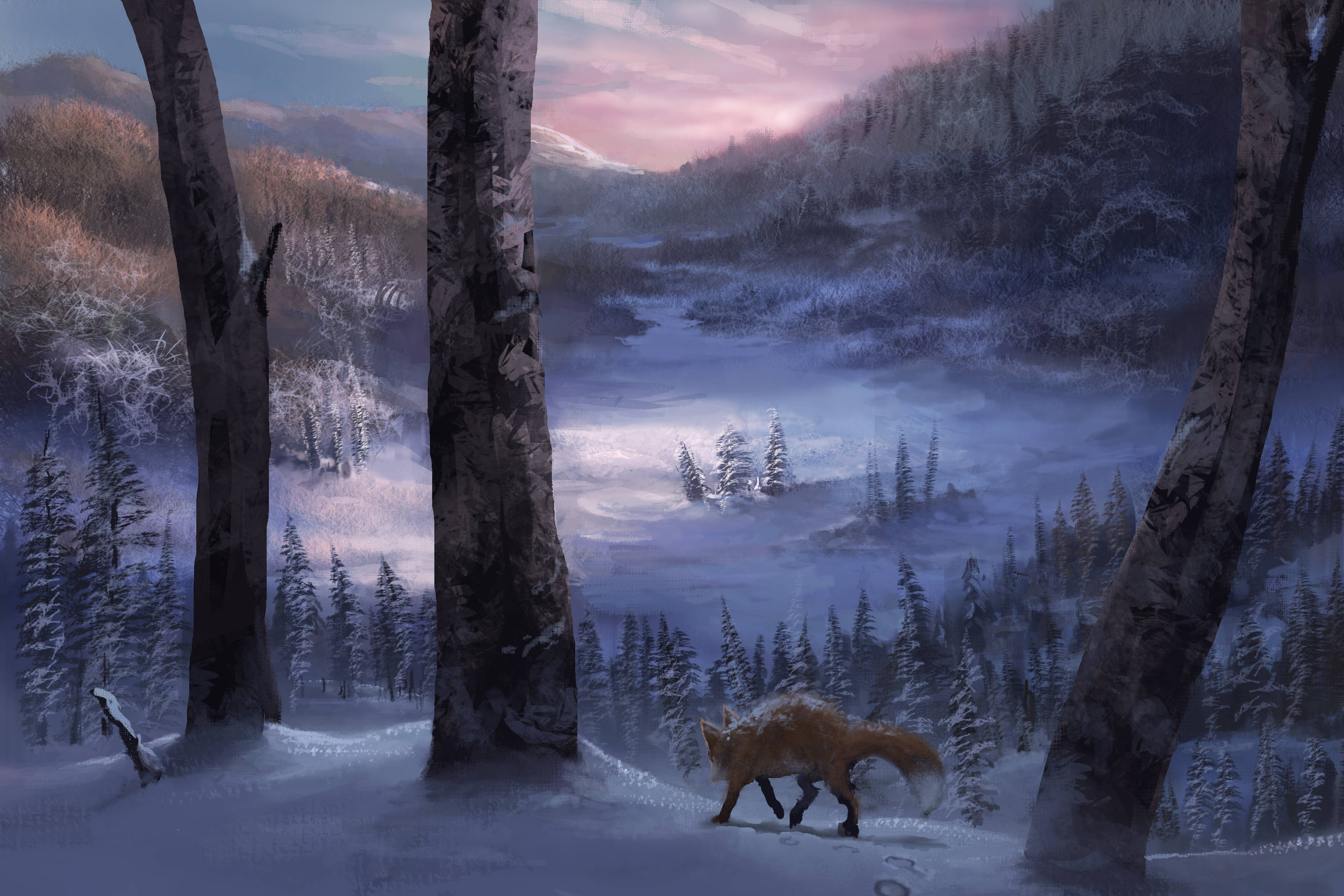 cute kawaii fox 桌布 壁紙 — 一隻紅狐在暮色中走過雪地森林，背景是霧氣朦朧的山脈。