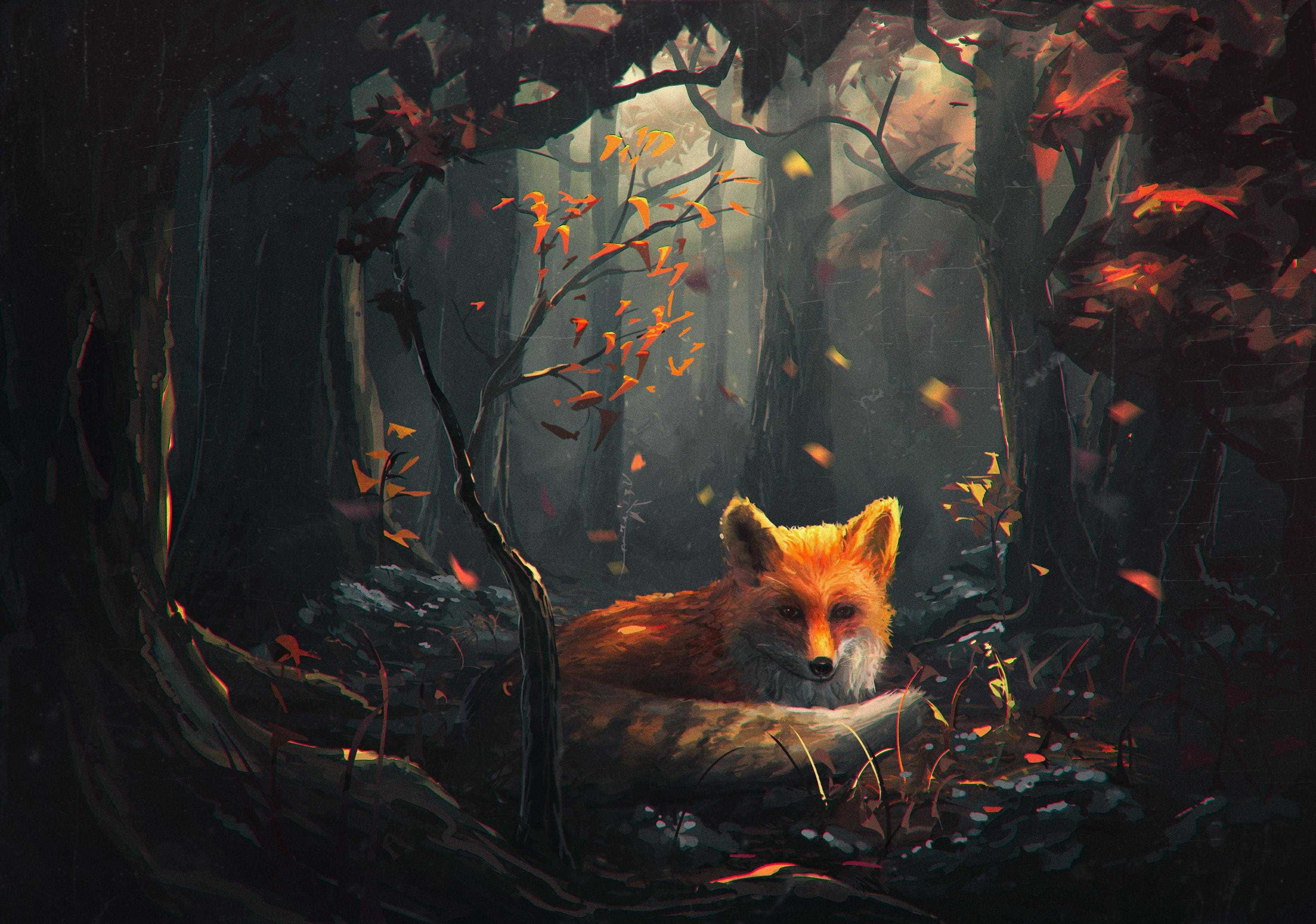 Cool Anime Fox 桌布 壁紙 — 一隻紅狐在霧氣瀰漫的秋日森林中，安詳地躺在木頭上，金色的樹葉在黑暗的樹木間飄落。