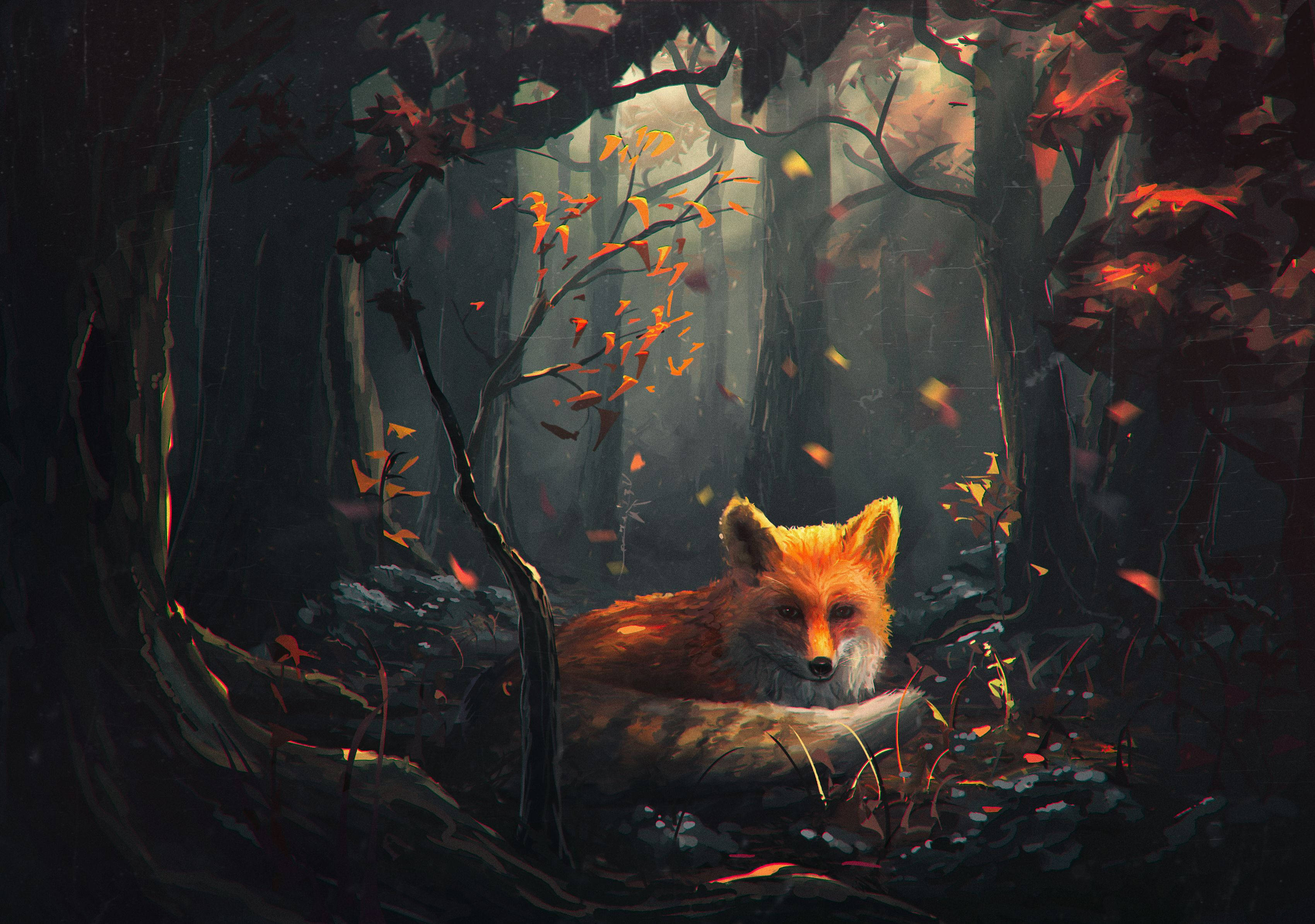 red fox 桌布 壁紙 — 一隻紅狐在霧氣瀰漫的秋日森林中的木頭上平靜地休息，金色的樹葉在黑暗的樹木間飄落。