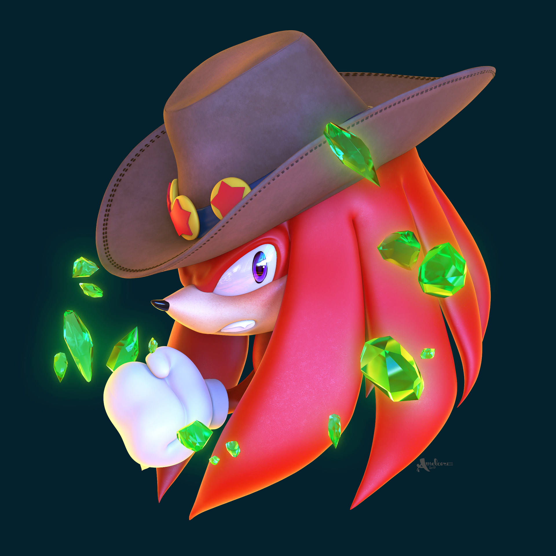 Knuckles 桌布 壁紙 — 一隻紅狐戴著棕色牛仔帽，周圍漂浮著發光的綠色寶石，背景為深色。