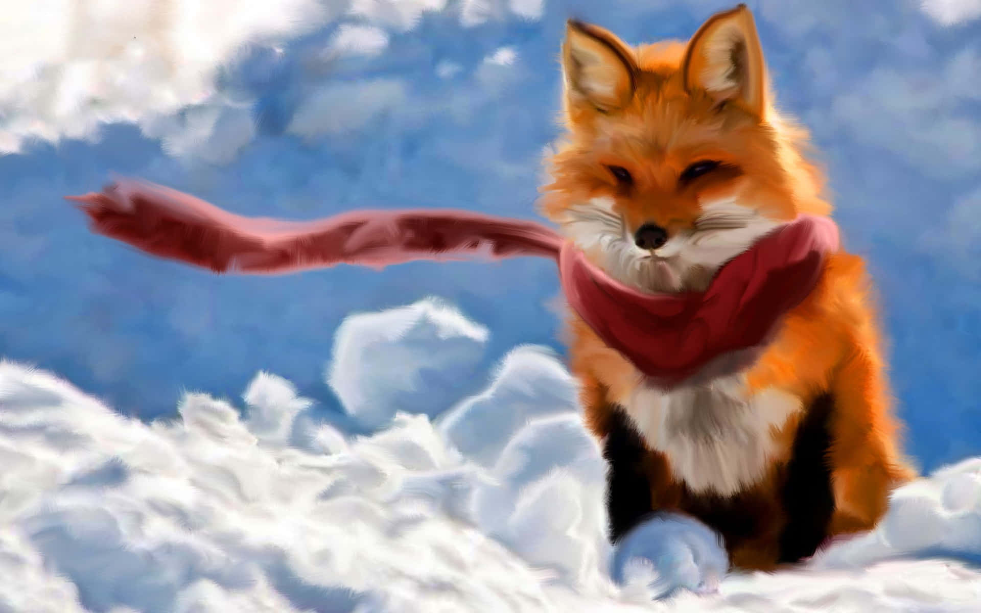 一隻紅狐戴著紅色圍巾坐在雪地裡，藍天下。 — 可愛狐狸 壁紙