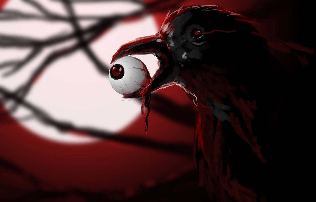 Blood 桌布 壁紙 — 一隻紅眼烏鴉在紅黑抽象背景上緊握著血淋淋的眼球。