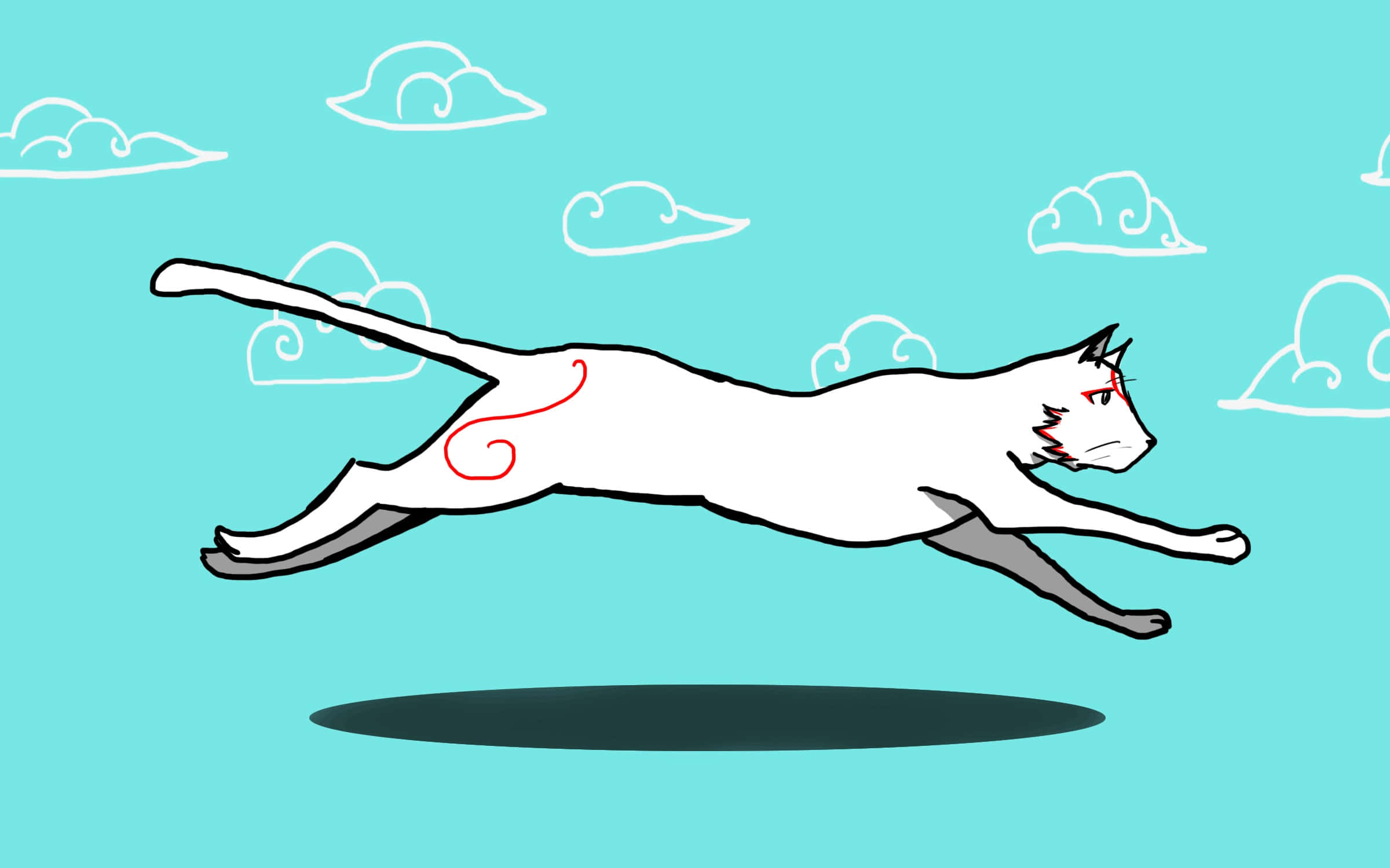 Cute Animations 桌布 壁紙 — 一隻紅眼白貓優雅地跳過一片簡單白雲的天空，背景為青綠色。