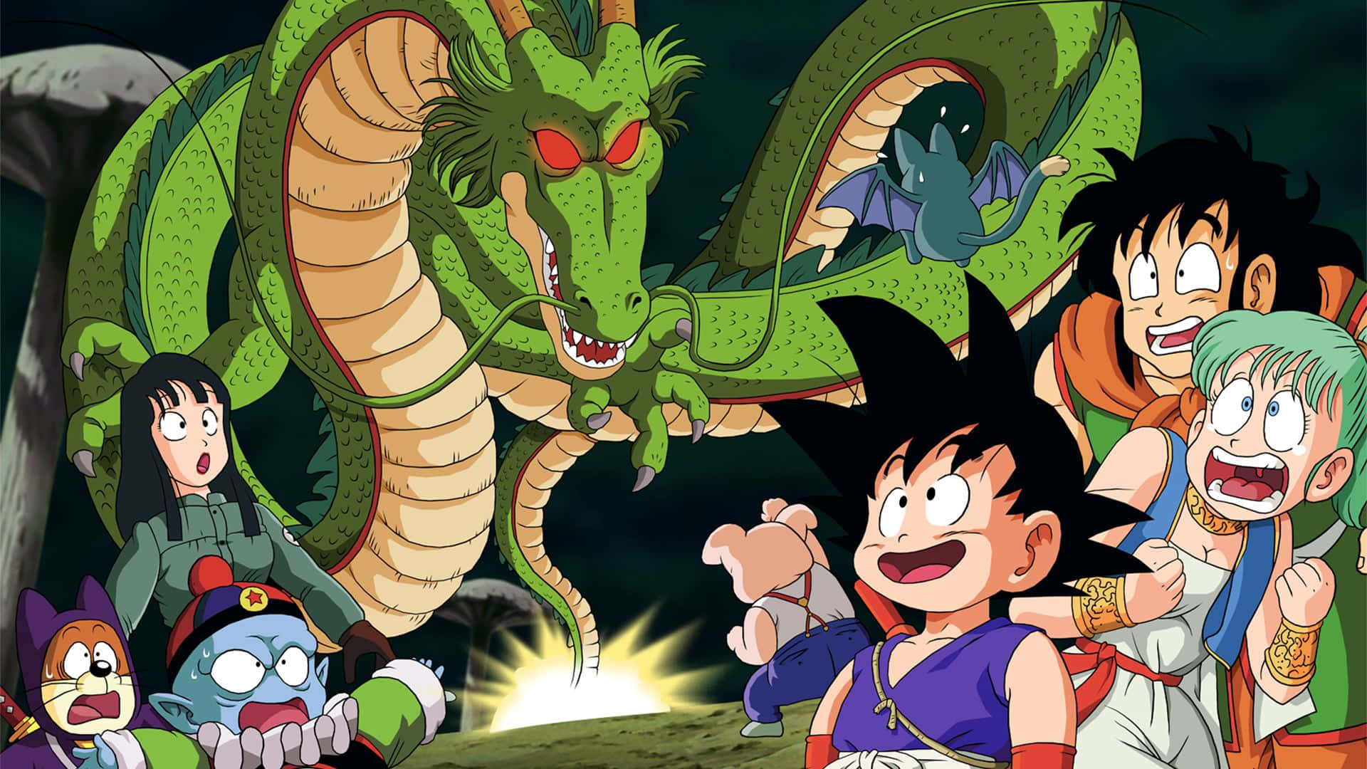 Yamcha 桌布 壁紙 — 一隻紅眼綠龍在黑暗森林場景中籠罩著一群驚訝的動漫角色。
