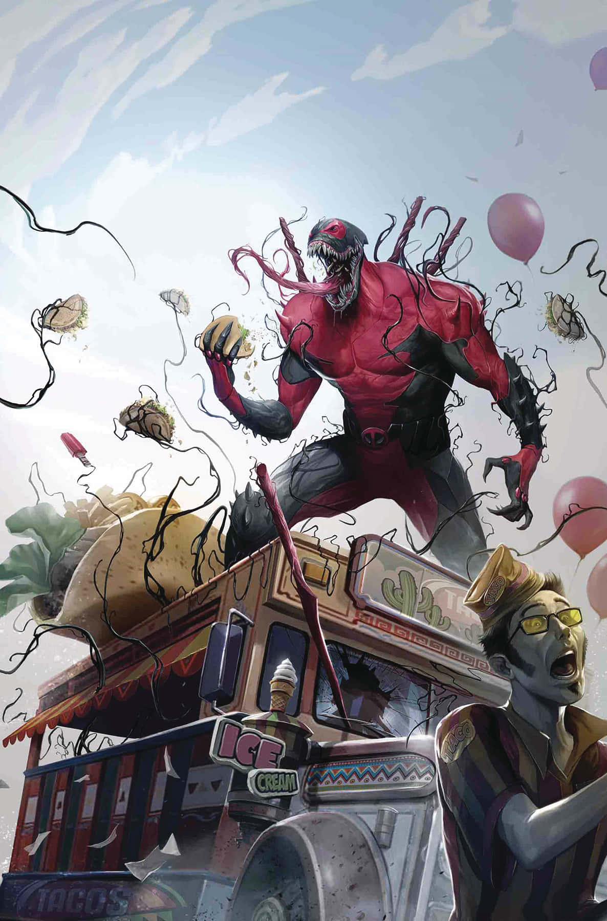 Venomverse 桌布 壁紙 — 一隻紅色共生生物，擁有尖銳牙齒和觸手，從一輛墨西哥卷餅車躍出，食物在空中飛舞，一名男子在下方尖叫。