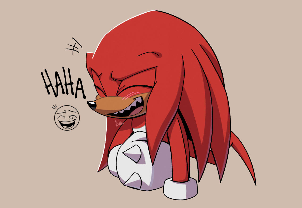 Knuckles 桌布 壁紙 — 一隻紅色刺蝟在米色背景上，露出尖牙，瘋狂大笑，並帶有卡通風格的「HAHA」對話氣泡。