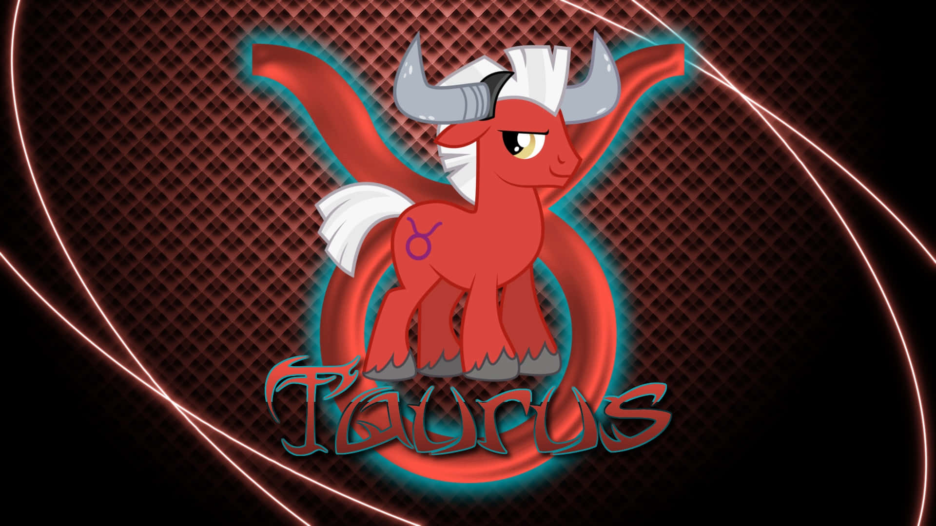 taurus 桌布 壁紙 — 一隻紅色卡通公牛，擁有銀色角和白色鬃毛，驕傲地站在發光的紅色網格背景前，背景有霓虹漩渦和Taurus字樣。
