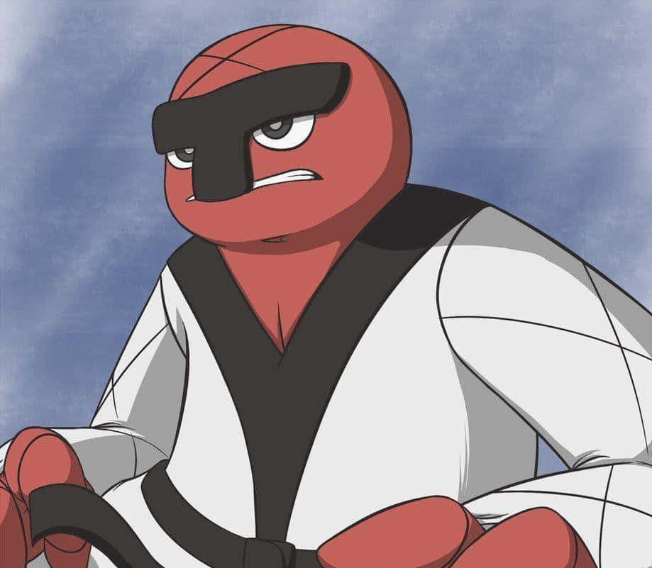 Pokemon Aesthetic 桌布 壁紙 — 一隻紅色卡通烏龜穿著白色武術服，繫著黑色腰帶和戴著眼罩，對著多雲的藍天憤怒地瞪視。