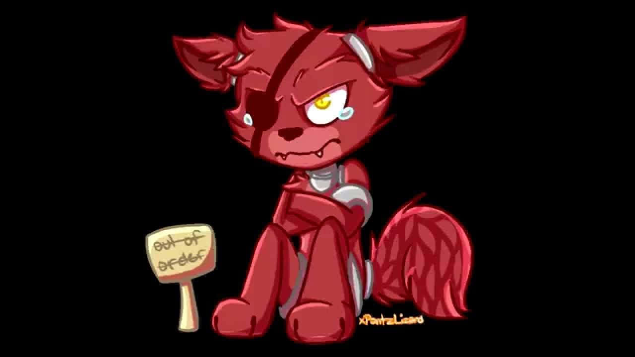 Fnaf Foxy 桌布 壁紙 — 一隻紅色卡通狐狸，一隻眼睛流淚，另一隻發出黃光，坐在一個「故障」標誌旁邊，背景為黑色。
