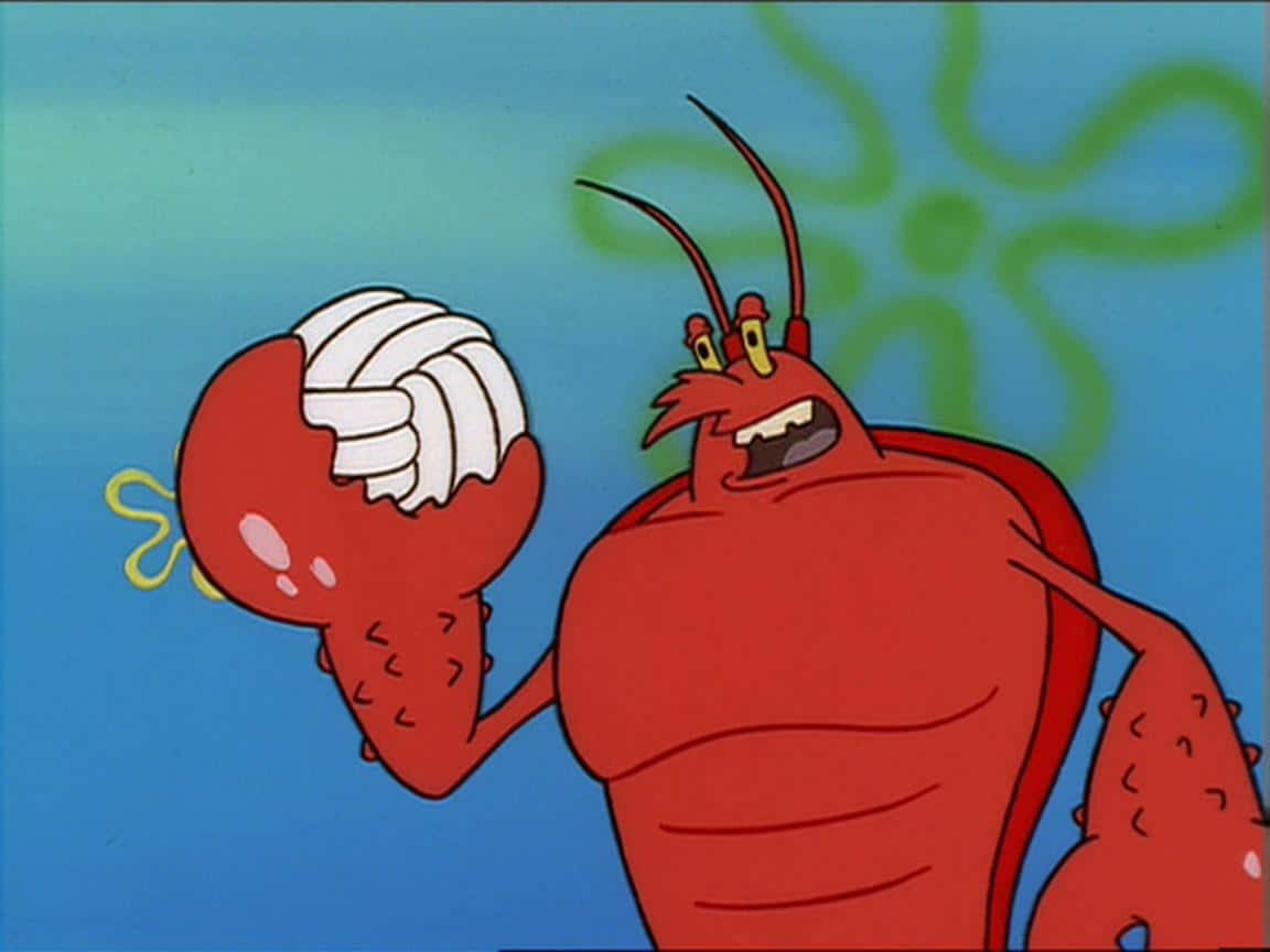 Larry The Lobster 桌布 壁紙 — 一隻紅色卡通龍蝦，白色鉗子，在藍綠色背景的水下憤怒地彎曲鉗子。