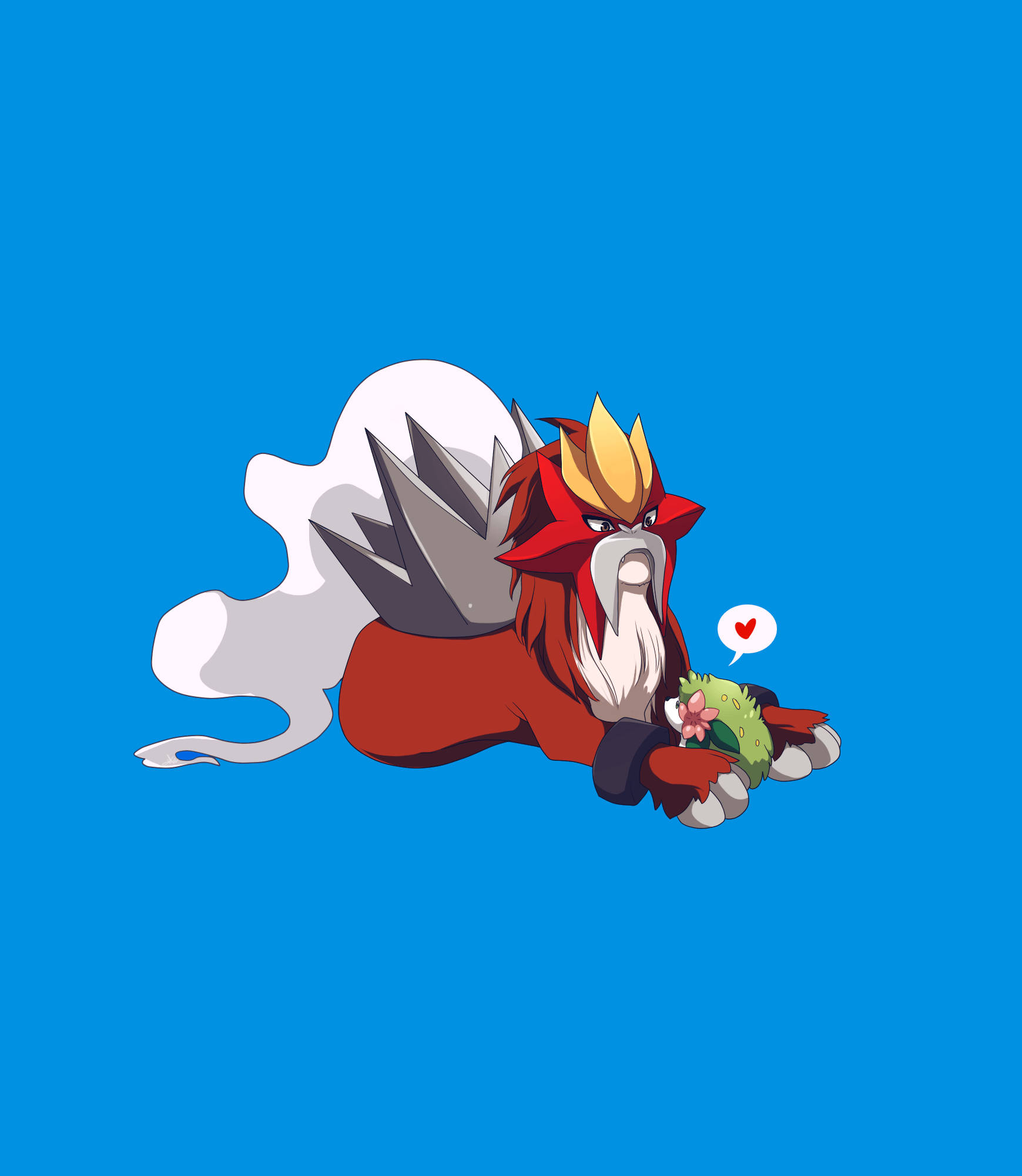 Shaymin 桌布 壁紙 — 一隻紅色和金色的動漫龍，有白色鬍鬚和煙霧尾巴，在純藍色背景前拿著一棵帶有粉紅色花朵的綠色仙人掌。