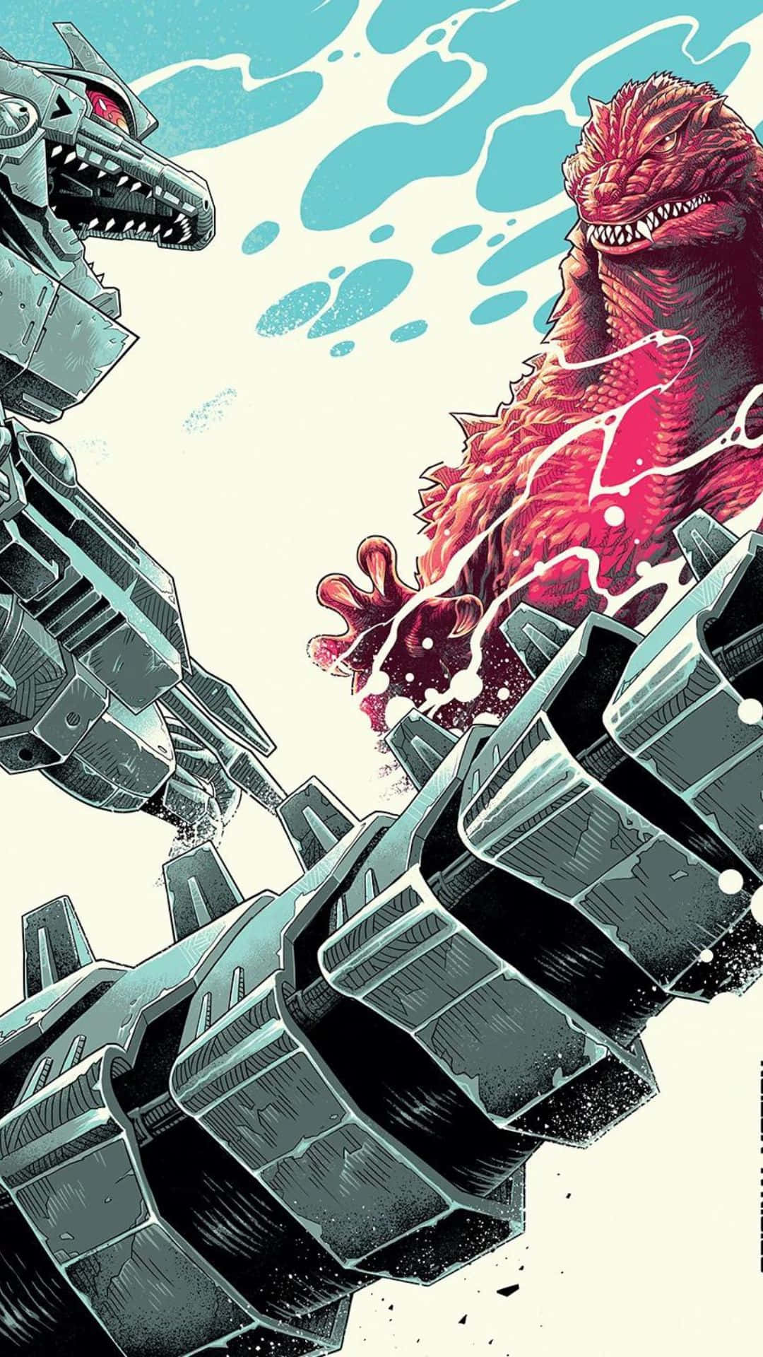 Godzilla Vs Mechagodzilla 桌布 壁紙 — 一隻紅色哥吉拉在動感漫畫風格的戰鬥場景中，與一隻巨大的機械怪獸對峙。