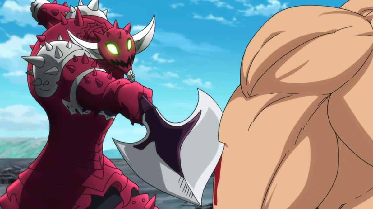 Seven Deadly Sins Galand 桌布 壁紙 — 一隻紅色尖刺惡魔，眼睛發出綠色光芒，在明亮的藍天下揮舞著一把大斧頭，對抗一個肌肉發達的對手。