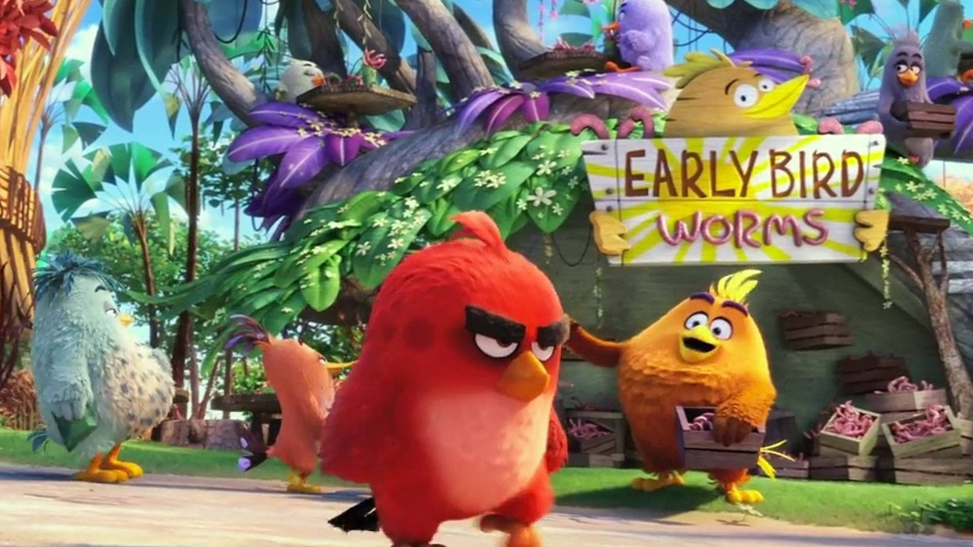 Angry Birds HD 桌布 壁紙 — 一隻紅色憤怒鳥走過一隻拿著寫有 early bird worms 標語牌的橙色快樂鳥，背景是充滿活力的叢林。