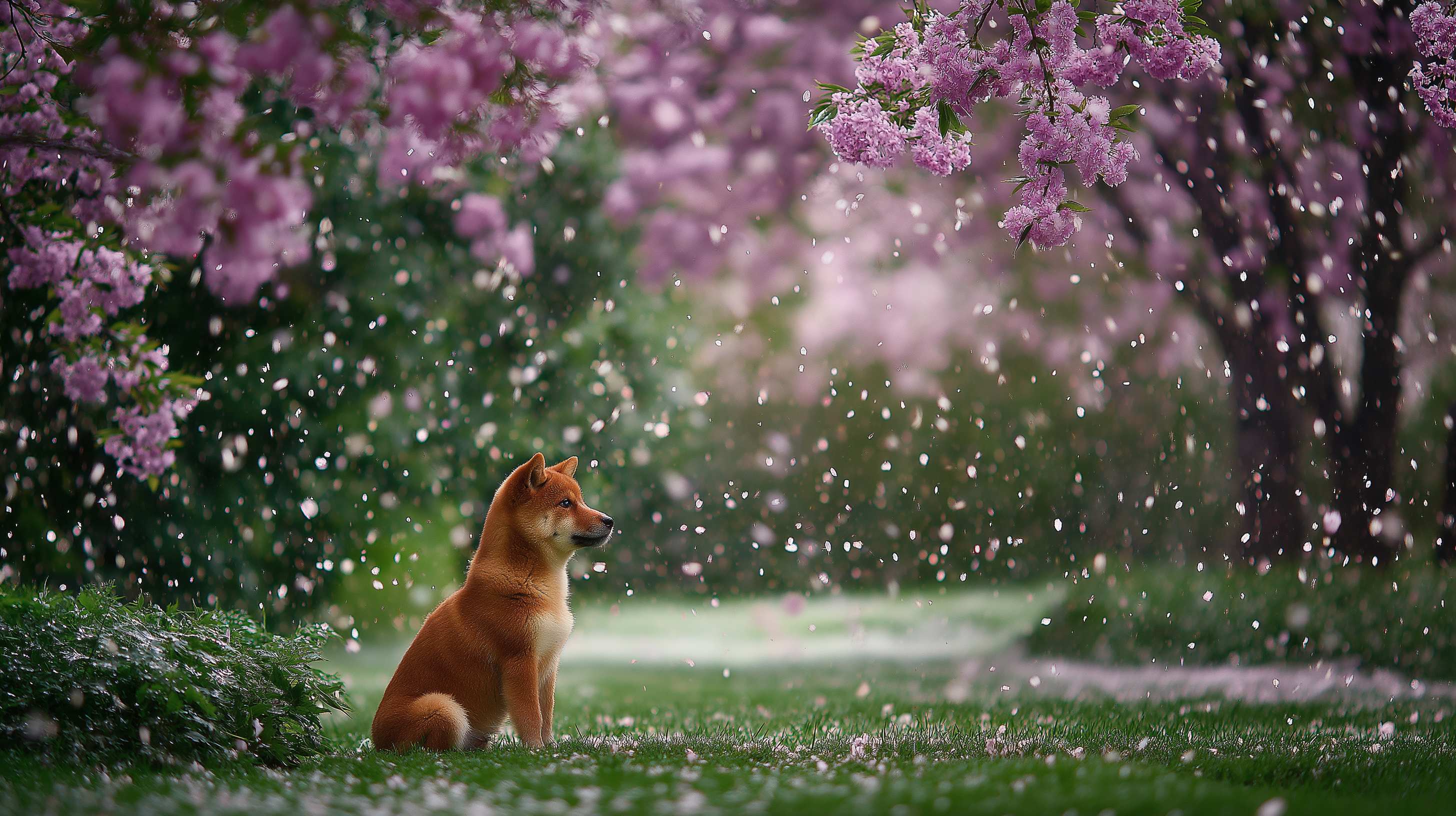 小狗 桌布 壁紙 — 一隻紅色柴犬平靜地坐在綠色草地上，上方是飄落的粉紅櫻花樹冠。