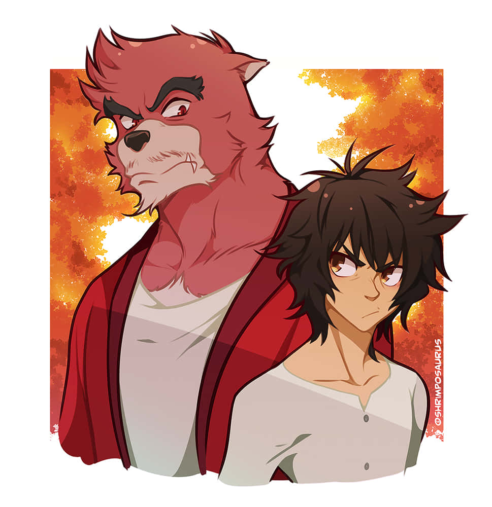The Boy And The Beast 桌布 壁紙 — 一隻紅色毛髮的擬人化狼和一個黑髮的人類男孩並肩站在火熱的橙色背景前。