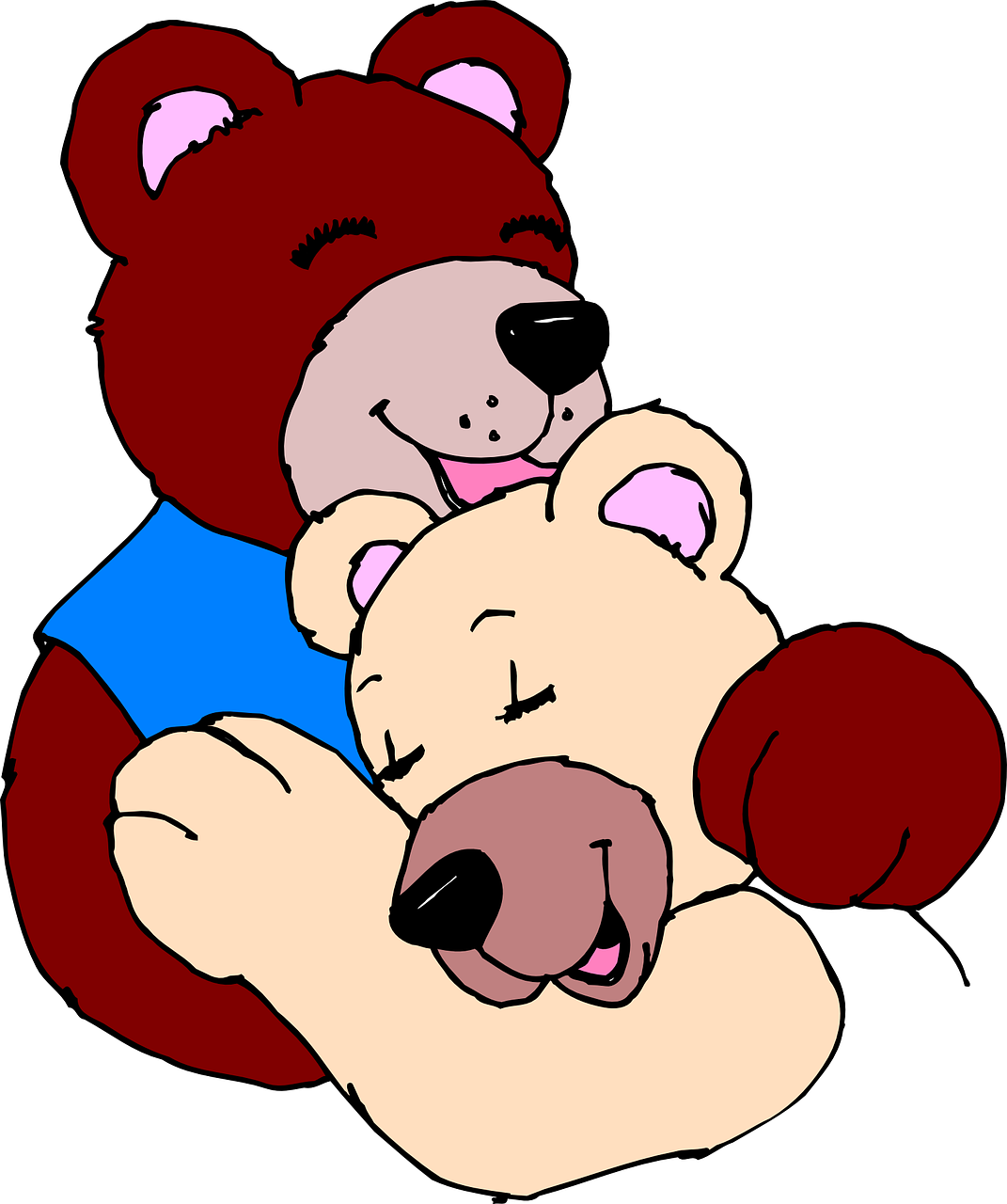Hug 桌布 壁紙 — 一隻紅色泰迪熊擁抱一隻奶油色泰迪熊，兩者都閉著眼睛微笑，背景為黑色。