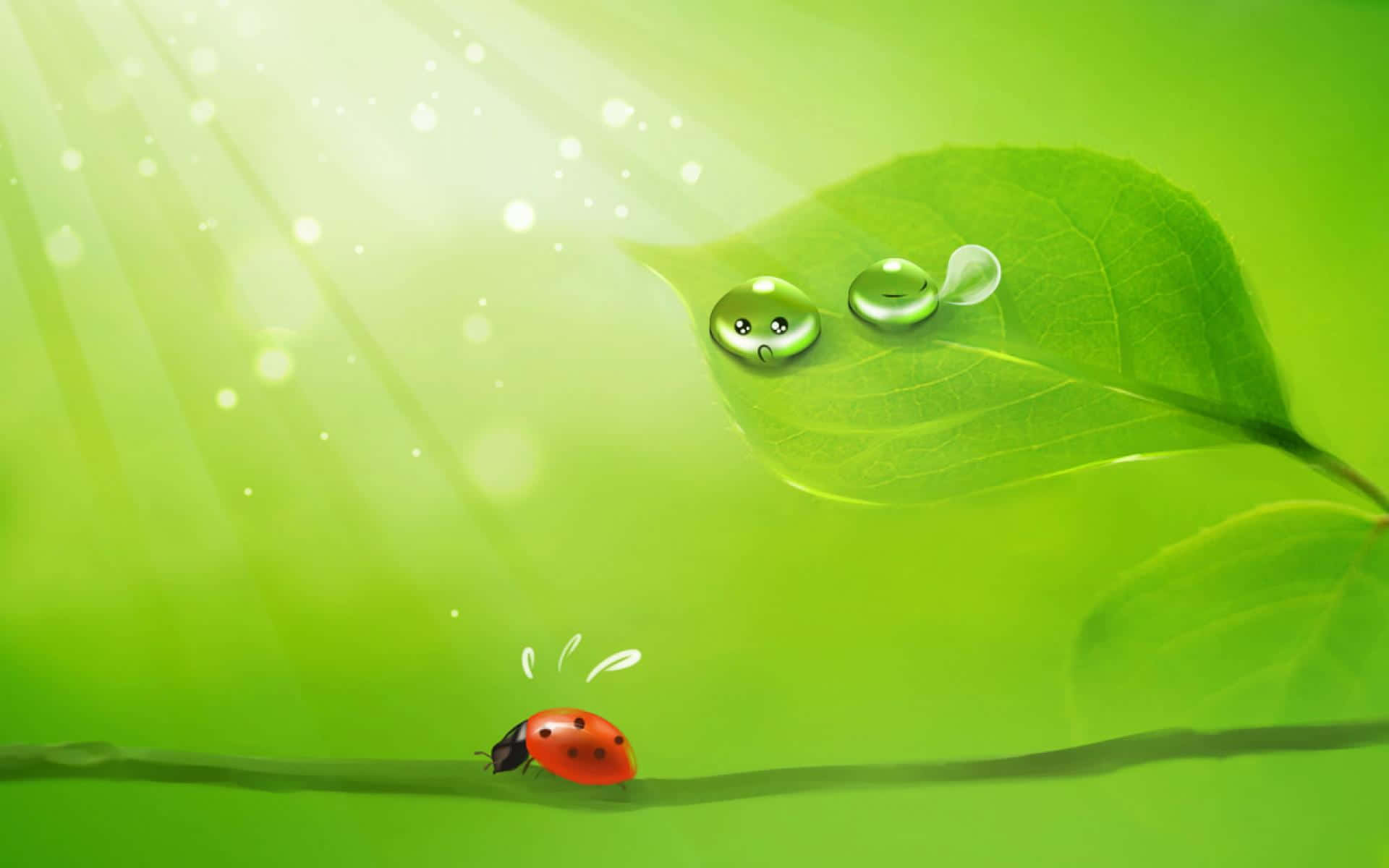 可愛 桌布 壁紙 — 一隻紅色瓢蟲在陽光下爬在綠色莖上，而兩滴微笑的露珠停留在上方的葉子上。