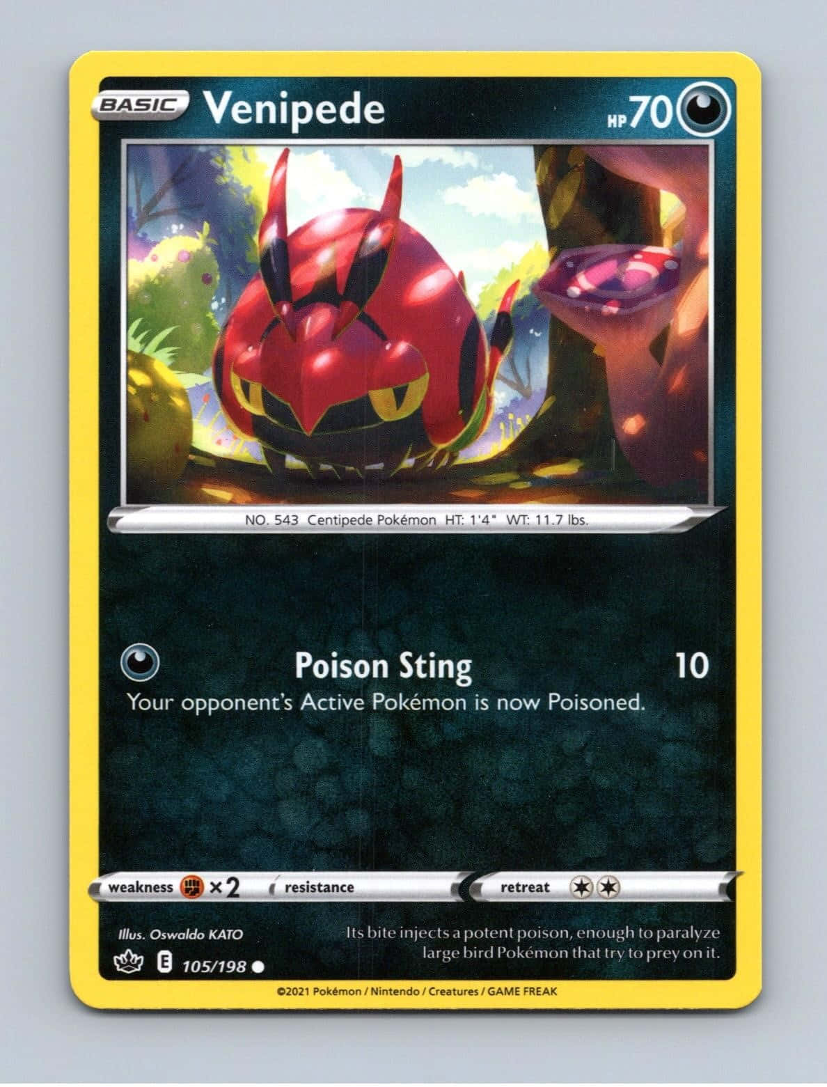 Pokemon Card 桌布 壁紙 — 一隻紅色的Venipede寶可夢，有黃色眼睛和黑色標記，站在一個充滿發光植物的熱帶叢林場景中。
