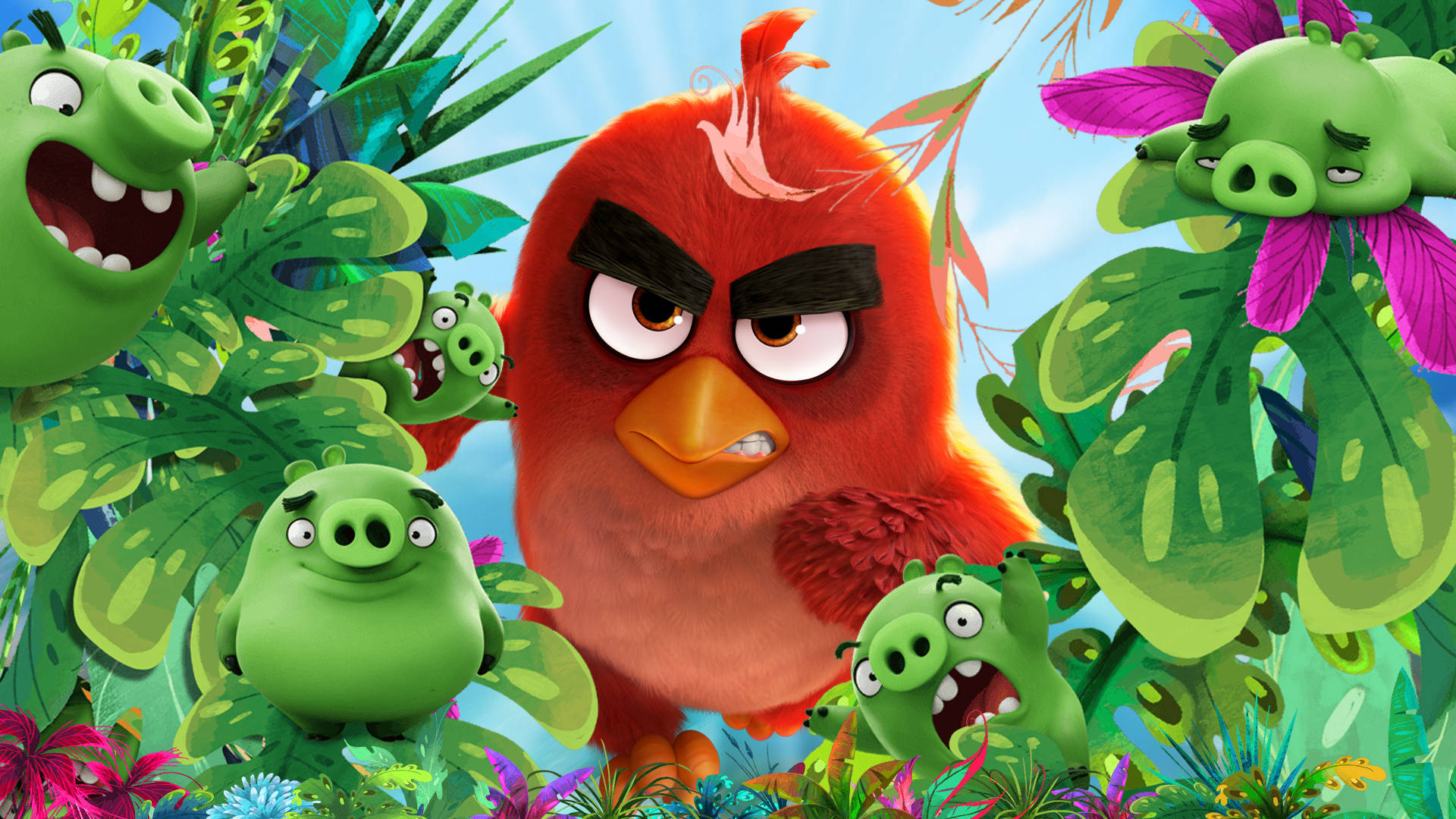 Angry Birds HD 桌布 壁紙 — 一隻紅色的憤怒小鳥，有著黑色的眉毛，在明亮的藍天下，挑釁地站在綠色的豬和熱帶植物之間。