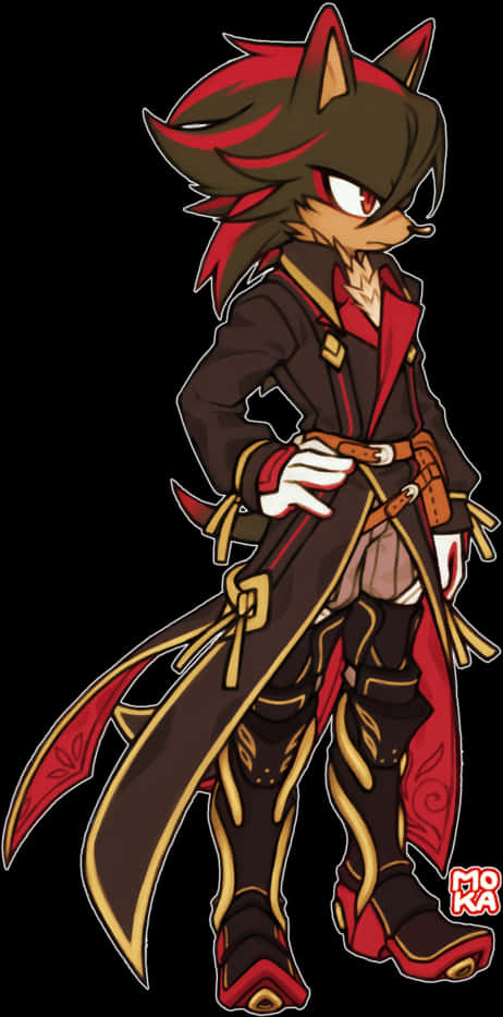 Shadow The Hedgehog 桌布 壁紙 — 一隻紅褐色毛髮的Q版擬人化狐狸，自信地穿著帶有金色飾邊和紅色點綴的深色外套，站在黑色背景前。
