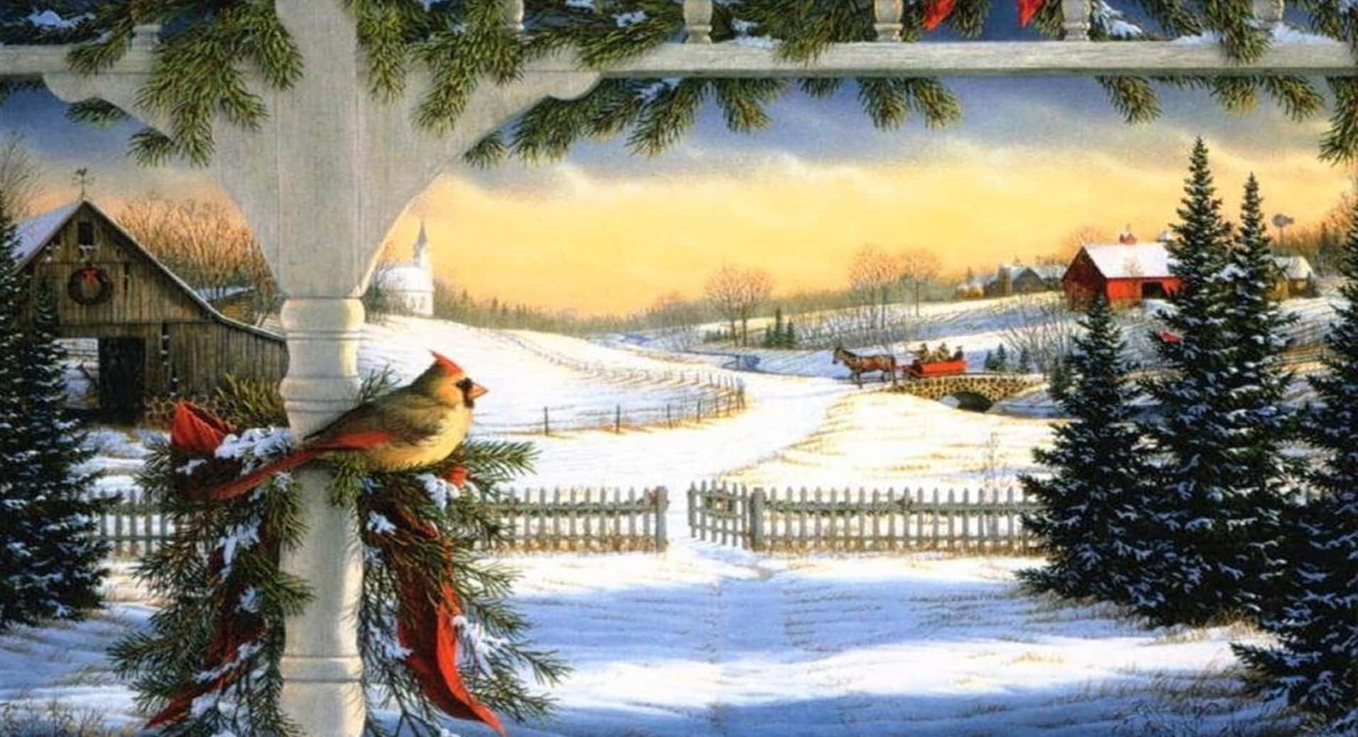 Vintage Christmas 桌布 壁紙 — 一隻紅雀棲息在白雪覆蓋的門廊欄杆上，欄杆裝飾著常青植物和紅色絲帶，俯瞰著寧靜的冬季鄉村景色，有穀倉和雪橇。