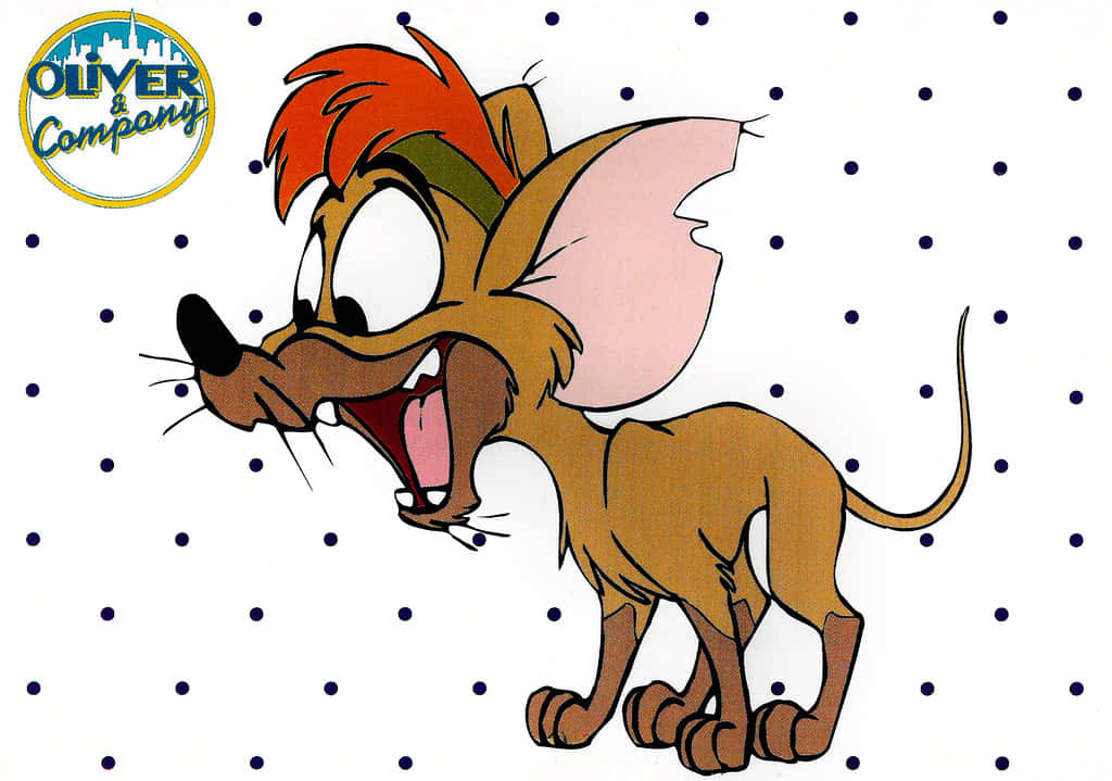 oliver and company 桌布 壁紙 — 一隻紅髮大眼的卡通老鼠在白色背景上的藍色圓點前面大叫。
